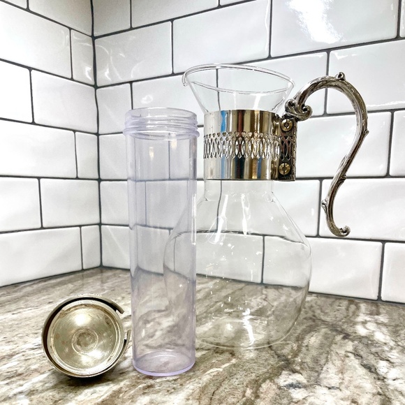 Vintage Glass and Silver Pitcher Carafe with Plastic Ice Cooling Tube Chill It - Picture 6 of 14